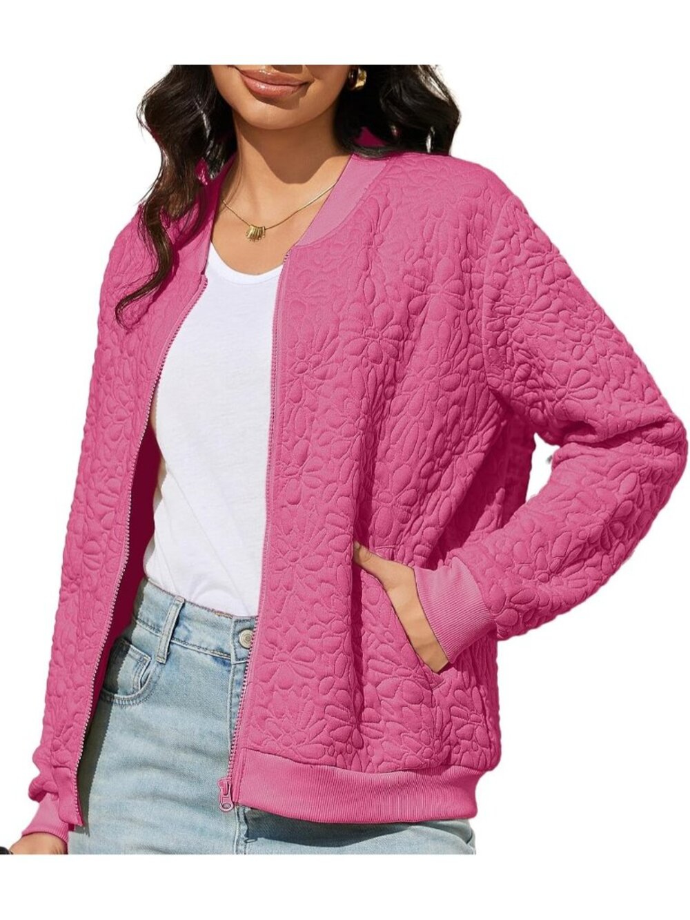 🆕Women's Rose Red Long Sleeve Full Zip Sweatshirt Casual Jacket With Pockets